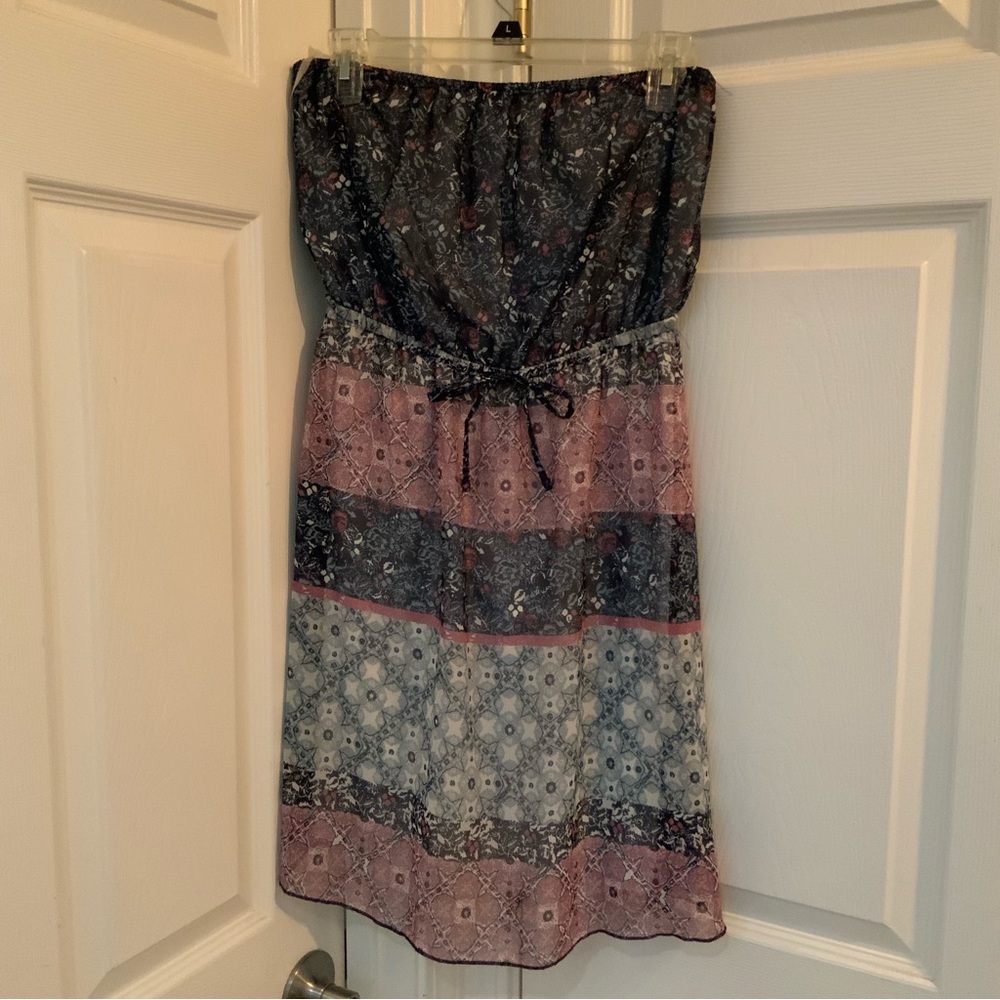 Mudd Womens Vintage Casual Strapless Mini Dress Blue/Pink/Tan